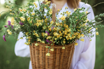 A girl in a white blouse holds a wicker basket with a bouquet of wild flowers. Summer walk in the field. midsection