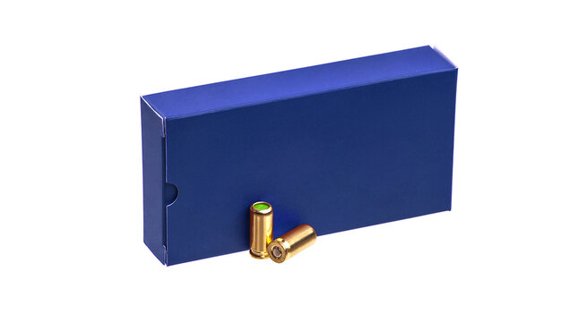 Box of cartridges for a traumatic gun isolate on a white back. Cartridges with rubber bullets for a traumatic gun.