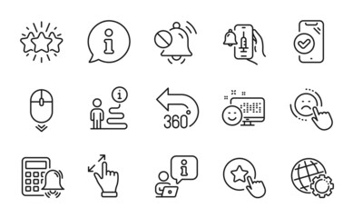 Technology icons set. Included icon as Globe, 360 degrees, Vaccine announcement signs. Calculator alarm, Scroll down, Smile symbols. Touchscreen gesture, Star, Approved phone. Loyalty star. Vector