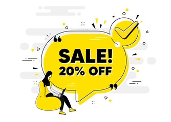 Sale 20 percent off discount. Check mark chat bubble banner with people. Promotion price offer sign. Retail badge symbol. Sale approved chat message. Checklist user background. Vector © blankstock