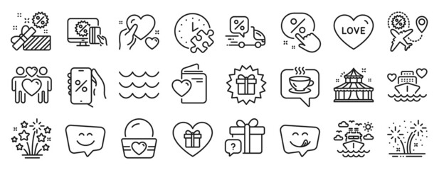 Set of Holidays icons, such as Puzzle time, Honeymoon cruise, Love couple icons. Sale, Fireworks stars, Love document signs. Waves, Ice cream, Hold heart. Coffee, Yummy smile, Flight sale. Vector