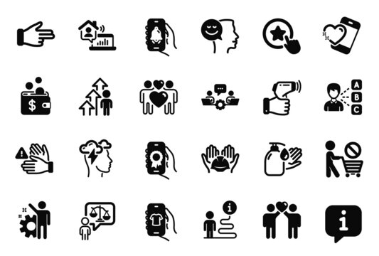 Vector Set of People icons related to Electronic thermometer, Dont touch and Builders union icons. Teamwork, Lawyer and Friends couple signs. Click hand, Heart and Work home. Loyalty star. Vector