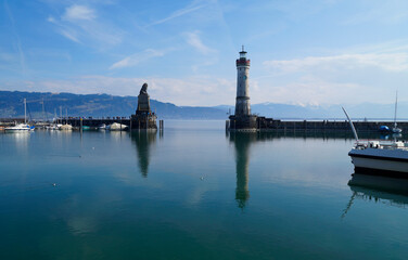 the beautiful harbour of Lindau island on lake Constance in Germany on a sunny day in March