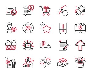 Vector Set of Business icons related to Certificate, Work home and Settings blueprint icons. Support, Upload and Truck parking signs. Gift, Swipe up and Falling star. Teamwork, Fireworks. Vector