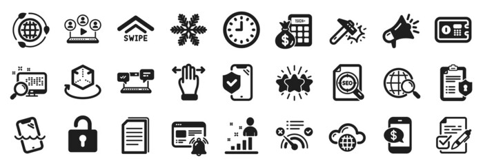 Set of Technology icons, such as Cloud computing, Search, Internet notification icons. Snowflake, Multitasking gesture, Voting ballot signs. Phone payment, Hammer blow, Star. Swipe up. Vector