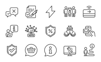 Technology icons set. Included icon as Online voting, Contactless payment, Energy signs. Ship, Shopping cart, Voting ballot symbols. Confirmed, Monitor repair, Reject. Messenger mail. Vector