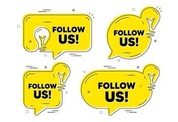 Follow us text. Idea yellow chat bubbles. Special offer sign. Super offer symbol. Follow us chat message banners. Idea lightbulb balloons. Vector