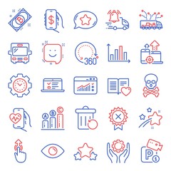 Technology icons set. Included icon as Time management, Truck delivery, Bus signs. Love book, Graph chart, Web lectures symbols. Cardio training, Seo devices, Swipe up. Falling star, Stars. Vector