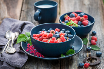 Tasty granola with blueberries and raspberries. Breakfast in summer garden.