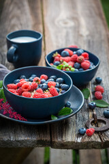 Tasty granola with milk and berries. Oat flakes with berries.