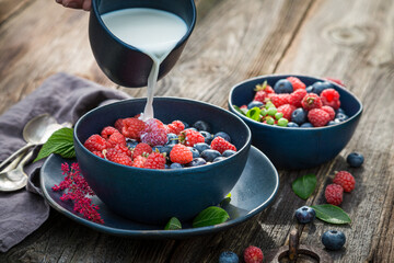 Tasty granola with blueberries and raspberries. Oat flakes with berries.