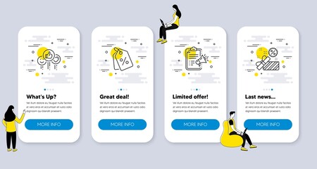 Set of Business icons, such as Discount tags, Like, Megaphone checklist icons. UI phone app screens with people. Sale line symbols. Sale coupons, Social media likes, Brand check. Gift box. Vector