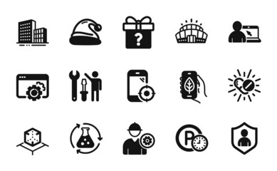 Vector set of Chemistry experiment, Seo phone and Security icons simple set. Parking time, Medical drugs and Arena stadium icons. Engineer, Repairman and Secret gift signs. Vector