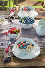 Tasty breakfast with berries and milk. Table in sunny garden.