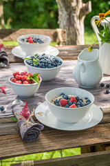 Fresh breakfast with berries and milk. Table in sunny garden.
