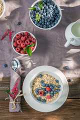 Healthy breakfast with berries and milk. Flakes, berries and milk.