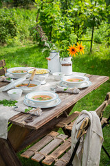 Homemade broth served in the garden. Soup in summer day.