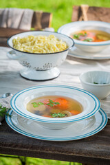 Homemade chicken soup made of vegetables. Soup in summer day.