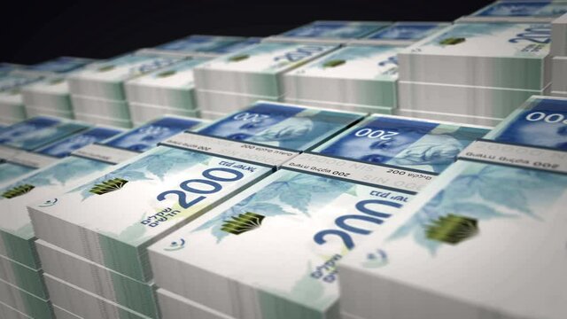 Israeli shekel banknote bundle growth up loop. 200 NIS money stacks. Concept of cash pack, banking, travel, business, economy and finance in Israel. Loopable seamless 3d animation.