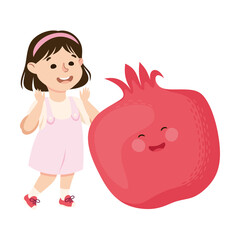 Happy Girl with Big Pomegranate Fruit with Cheerful Smiley Vector Illustration