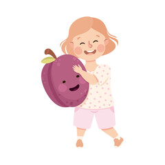 Happy Girl with Big Plum Fruit with Cheerful Smiley Vector Illustration