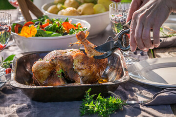 Tasty dinner with salad served in garden. Dinner in garden.