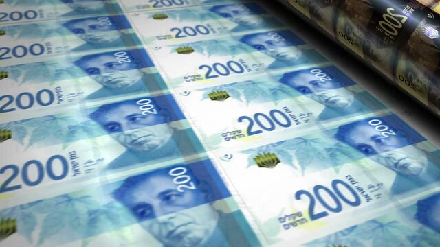 Israeli shekel money banknotes printing roll machine loop. Paper 200 NIS bank note print 3d looping seamless. Abstract concept of banking, debt, finance, economy and crisis in Israel.