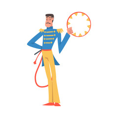 Man Animal Tamer or Handler with Whip and Circle as Circus Artist Character Performing on Stage or Arena Vector Illustration