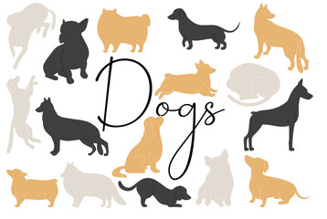 Dog breeds colorful silhouettes set in different poses.