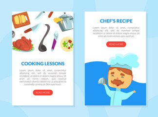 Cooking and Food Preparation with Chef Holding Tray and Kitchen Utensils Vector Template