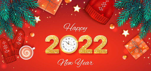 2022 Happy New Year Merry Christmas Background, banner, flyer, card. Holiday vector with Christmas tree branches, gift boxes, coffee, red hat and mittens.	
