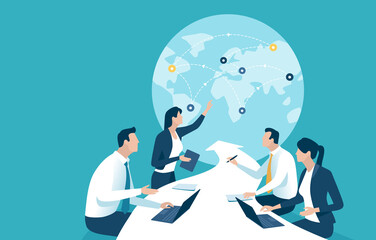Global trade, investing. The business team sits at a table in the shape of an arrow pointing to a globe. Business vector illustration.
 - obrazy, fototapety, plakaty