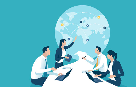 Global trade, investing. The business team sits at a table in the shape of an arrow pointing to a globe. Business vector illustration.

