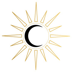 The crescent moon with sun rays and stars. Wicca, alchemy, mystical, magic, celestial, esoteric, sacred, spiritual, occultism inspired concept. Hand drawn vector