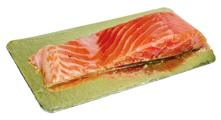 Piece of salmon weak salt on a golden cardboard. Isolated on a white background
