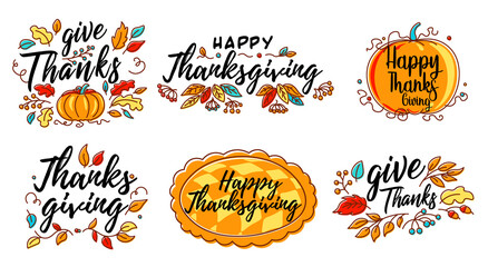 Set of Vector Hand drawn Happy Thanksgiving typography in autumn wreath banner. Celebration text with berries and leaves for postcard, icon or badge.