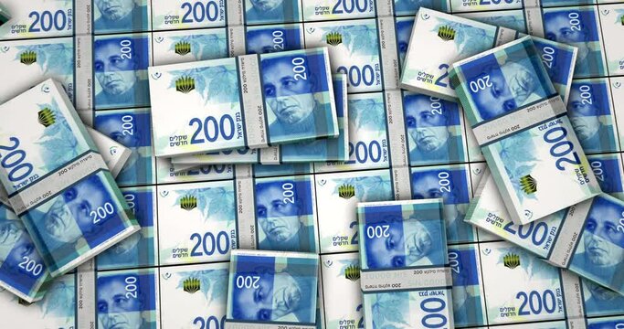 Israeli shekel banknotes 3d animation. Camera view from close to long distance. NIS money packs. Concept of inflation, economy, crisis, business, banking, debt and finance in Israel.