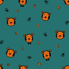 Fototapeta premium Seamless pattern with cute tiger cubs. Design for children's clothing, fabrics and other items. The illustration is hand-drawn with live lines in the kartun style.