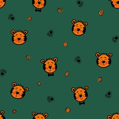 Seamless pattern with cute tiger cubs. Design for children's clothing, fabrics and other items. The illustration is hand-drawn with live lines in the kartun style.