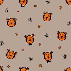 Seamless pattern with cute tiger cubs. Design for children's clothing, fabrics and other items. The illustration is hand-drawn with live lines in the kartun style.