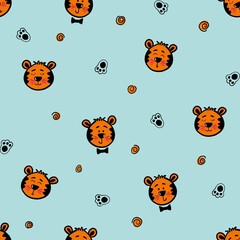 Seamless pattern with cute tiger cubs. Design for children's clothing, fabrics and other items. The illustration is hand-drawn with live lines in the kartun style.