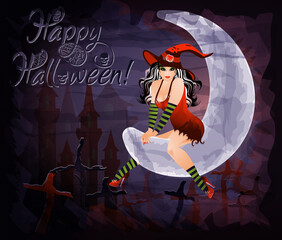 Happy halloween background with full moon and young witch, vector illustration	