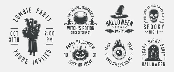 Vintage Halloween logo set. Set of 7 halloween logo templates. Halloween Party emblems. Scary logos for Halloween. Trendy vintage hipster design. Vector illustration