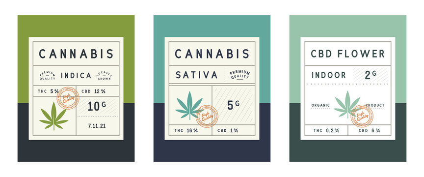 Set of Vintage Cannabis labels. Cannabis, marijuana packaging design. Cannabis Sativa, Indica, CBD flower. Vintage old labels design. Vector illustration