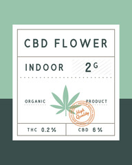 Cannabis, CBD Flower vintage label. CBD Flower vintage packaging design. Medical cannabis label, tag, sticker design for packaging. Retro vintage old label template. Vector illustration