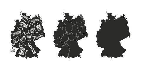 Set of Germany maps. Poster map of Germany with regions names. Blank Germany map. Map of Germany. Vector illustration