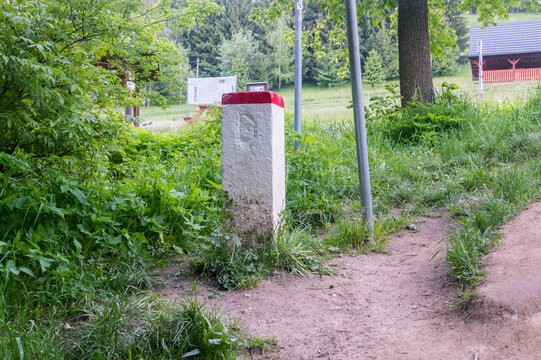 Polish border post on Trojmezi point at tripoint of Slovak, Czech, and Poland. Border of three countries.