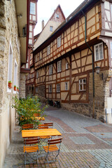 a cute street cafe in the beautiful old town of Schwabisch Hall in Germany