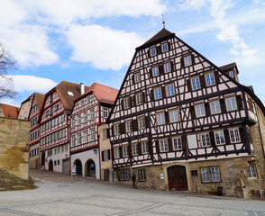 beautiful old timber-framed houses in the old historic town of Schwabisch Hall in Germany