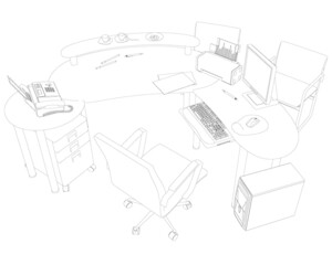 The contour of the workplace of an office worker with a computer, monitor, phone and other from black lines isolated on a white background. Perspective view. Vector illustration